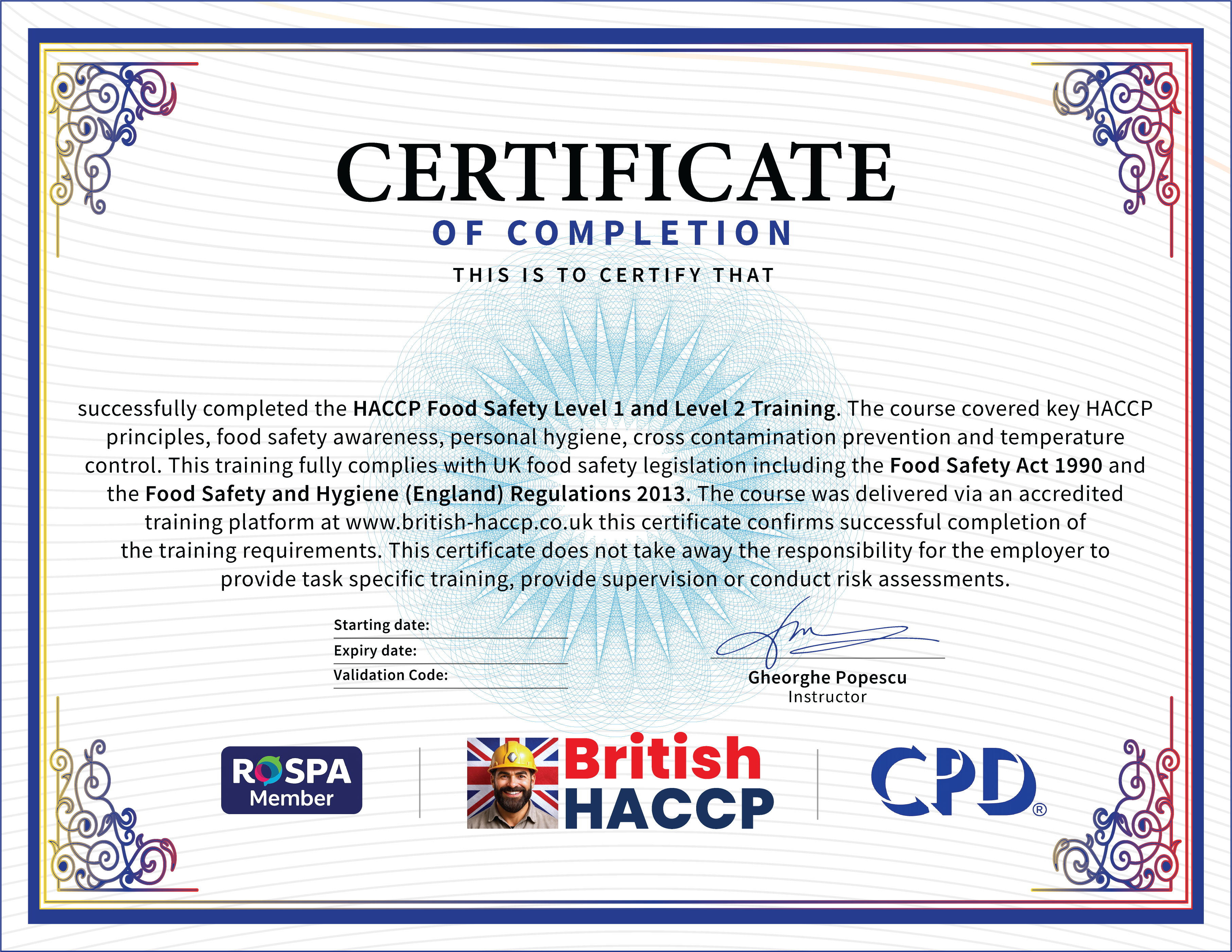 HACCP Food Safety Level 1 & 2 Certificate Example - CPD Accredited, RoSPA Assured, UK Food Safety Training